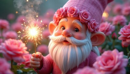 Obraz premium Cute garden gnome wears hat with pink roses. Little fantasy creature holds burning sparkler in flower field. Magical character stands among blooming plants at twilight. Fairy tale artistic