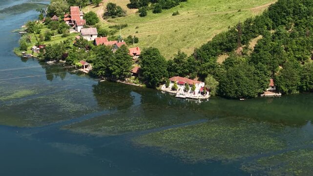 Drone Shot of Lakefront Houses on Medjuvrsje Lake, Zapadna Morava River, Serbia