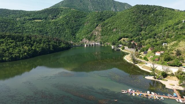 Drone Shot of Hydroelectric Power Plant Dam on West Morava River, Ovcar Kablar Gorge in Serbia