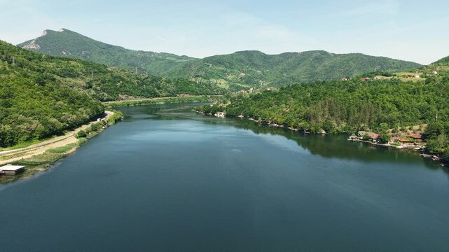 Drone Shot of Medjuvrsje Lake on Zapadna Morava River in Ovcar Kablar Gorge, Serbia