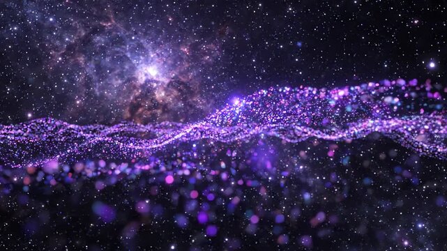 Ethereal indigo and violet light particles floating in a rhythmic wave like a deep space cosmic nebula background