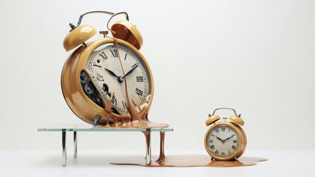 Two melting gold alarm clocks on glass table surreal 3D render time concept