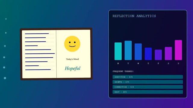An interactive animation displays mental health monitoring concepts with fluctuating analytics charts and digital diary mood trackers updating throughout the week.