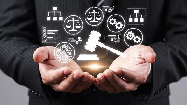 Businessman holding glowing law justice icons and gavel