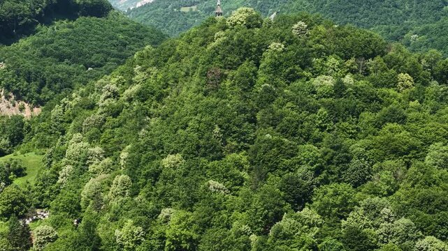Drone Shot of Green Forest and Watchtower on Top of Hill in Ovcar Kablar Gorge, Serbia