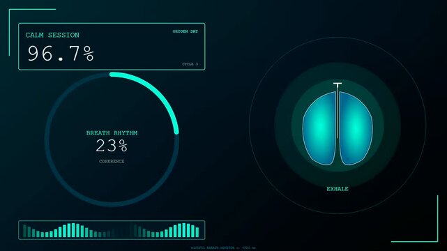 A sleek futuristic graphic showing mental health monitoring through a digital breathing cycle interface that displays fluctuating lung capacity and oxygen levels