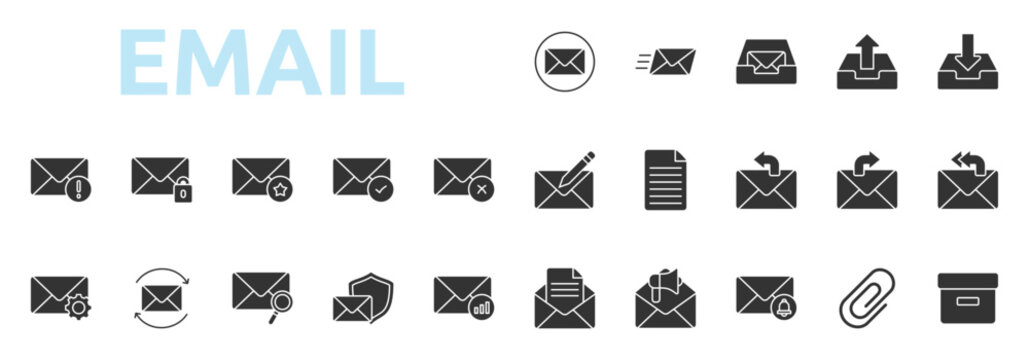 Email icon set glyph style with inbox, outbox, send, receive, compose, draft, reply icons