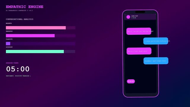 An innovative application for mental health monitoring displays therapeutic AI chat progress and real time emotional analysis on a sleek smartphone screen.
