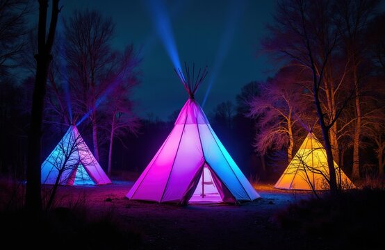 Glowing colorful tipi tents stand in dark forest at night. Illuminated canvas wigwams provide shelter during outdoor camping trip. Bright neon lights shine from within teepee structures under deep