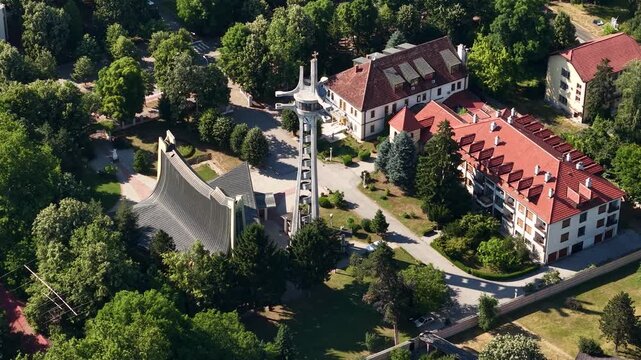 Drone Shot of Saint Bonaventure&rsquo;s Catholic Cathedral in Banja Luka, Republika Srpska, Bosnia and Herzegovina