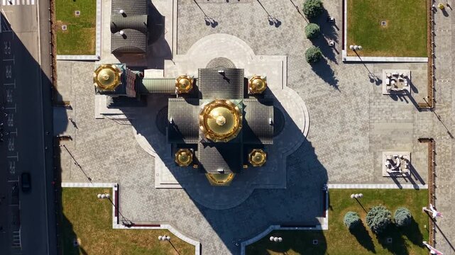 Top Down Drone Shot of Orthodox Cathedral in Banja Luka City Center, Republika Srpska, Bosnia and Herzegovina