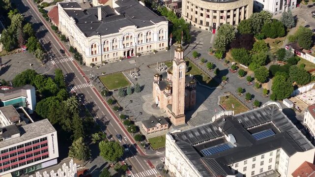 Drone Shot of Banja Luka City Center, Orthodox Cathedral and Government Buildings on Sunny Day, Bosnia and Herzegovina