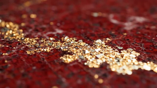 Macro panning shot over deep ruby red marble surface with gold shimmering mineral details