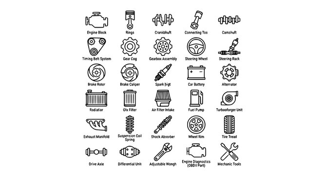 Car Engine Parts Thin Line Icon Set Editable Stroke Vector Collection