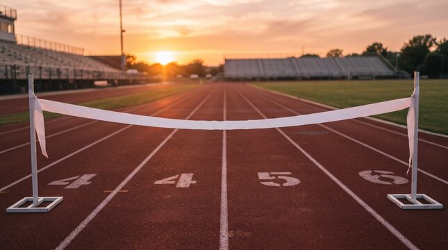 The finish line on a running track at sunset, with stadium seating in the background