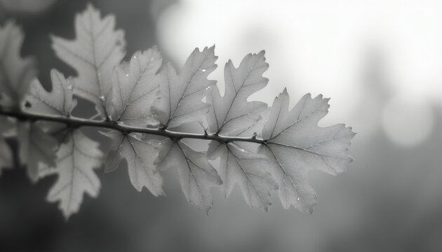 Macro shot of oak leaves on tree branch in monochrome colors. Delicate organic foliage shows natural symmetry, detailed texture. Light, shadow create contrast on plant veins. Peaceful forest flora
