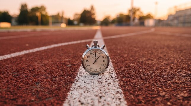A stopwatch rests on a running track, waiting for the race to begin. The golden hour light casts a warm glow on the scene, highlighting the importance of time and competition