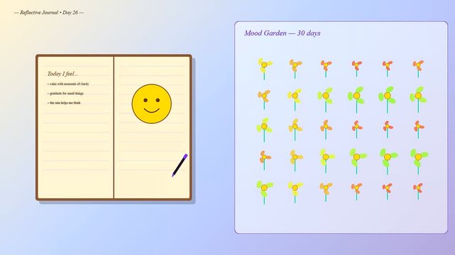 A digital journal layout for mental health monitoring helps track daily moods and feelings through colorful garden illustrations on three sequential screens.