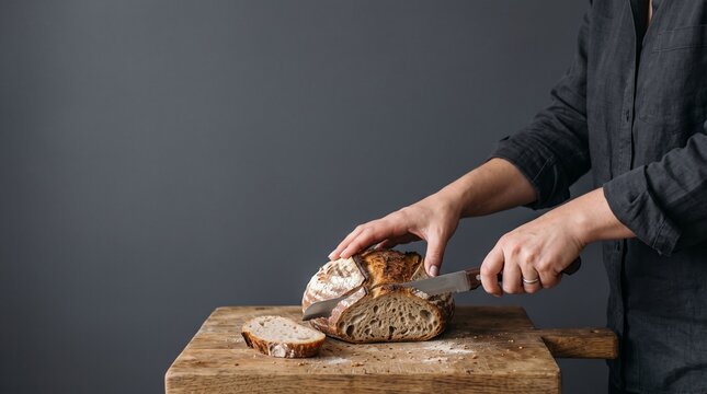 Baker slicing artisan sourdough bread on a wooden board with a knife