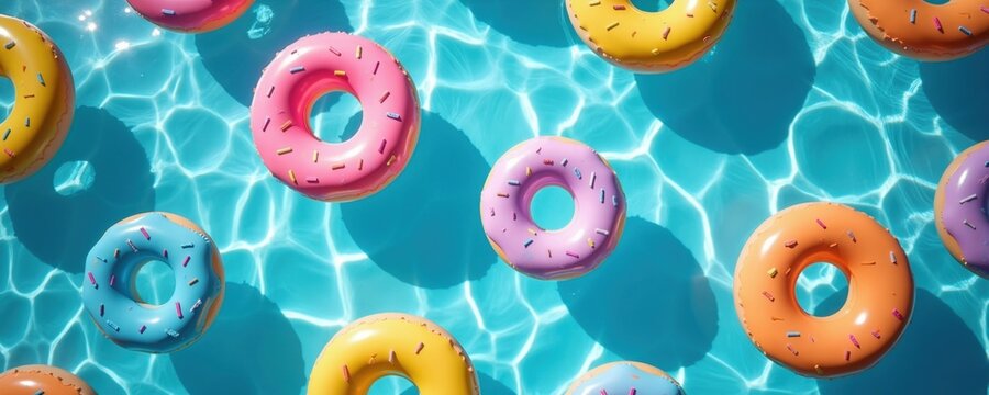 Colorful donut inflatable rings float on bright blue pool water surface. Summer pool party fun, vacation relaxation. Kids play with sweet dessert shaped toys.