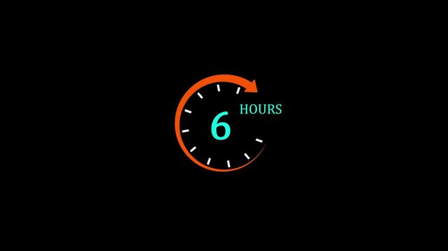 Orange Circular Arrow Clock Dial Revealing 6 Hours Text Indicating Six Hours Countdown Timer and Time Management Concept Isolated on Black Background.