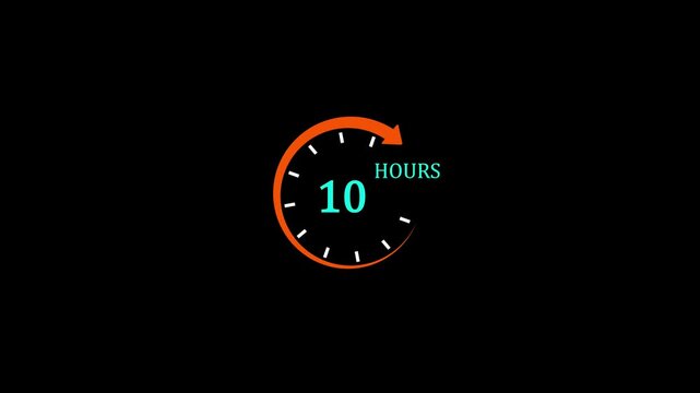 10 hours timer icon animation stopwatch countdown clock orange arrow text timing deadline schedule speed long duration loop motion graphic isolated on black background.