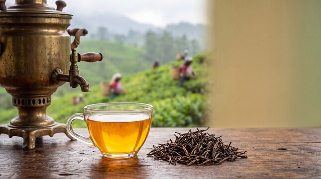 Glass cup of hot tea and vintage samovar on a wooden table with a scenic tea plantation background