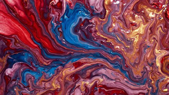 Overhead shot of impressionistic red geranium flowers merging into abstract watercolor waves with flowing textures and artistic lighting