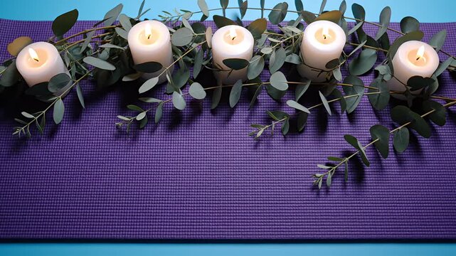 Candles and eucalyptus leaves on purple yoga mat.