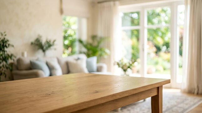Empty Wooden Table Surface with Blurred Living Room Background for Product Mockup Presentation and Interior Design