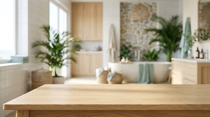 Fototapeta premium Empty wooden table top in blurred bright modern bathroom interior for product mockup and home decor display designs.