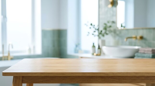 Empty Wooden Table over Blurred Modern Bathroom Interior Background for Product Placement Mockup Presentation Scene.