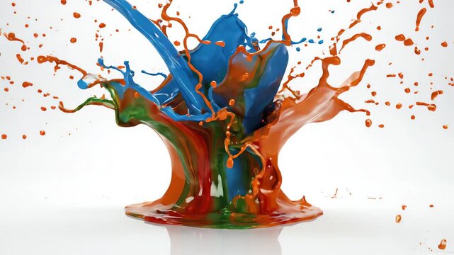 Slow motion capture of vibrant blue and orange liquid splashing together against a seamless bright white infinity cyclorama background