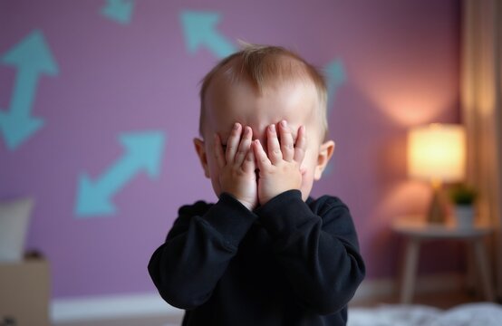 Small baby covers eyes with hands looking shy or tired. Toddler hides face, showing emotion in soft room light. Child plays peekaboo, expressing feelings with gesture.