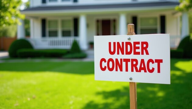 Under contract sign stands on wooden post in front yard of residential suburban house. Red text board indicates home purchase agreement active. Real estate property sold reserved for new owners.