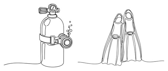 Scuba diving oxygen tank and fins continuous line drawing, minimalist flippers vector illustration, one line art of diving equipment set © ----WWWLINE----