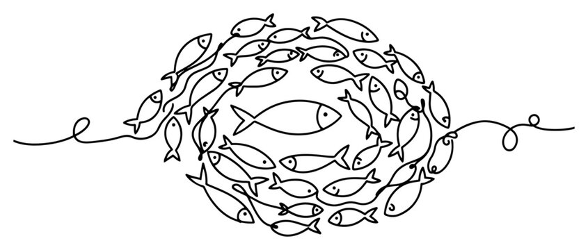 School of fish swimming in circle continuous line drawing, minimalist marine life vector illustration, one line art of fish swarm for ocean logo