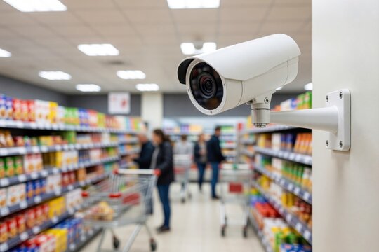 A security surveillance camera mounted on a wall inside a grocery store aisle with shoppers.
