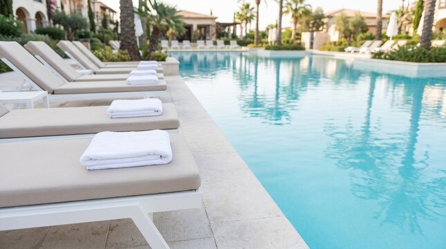 Relaxing poolside lounge chairs set near a tranquil swimming pool  