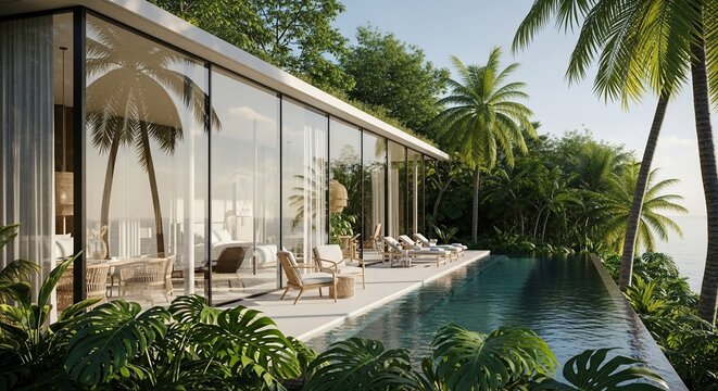 Modern house poolside tropical setting