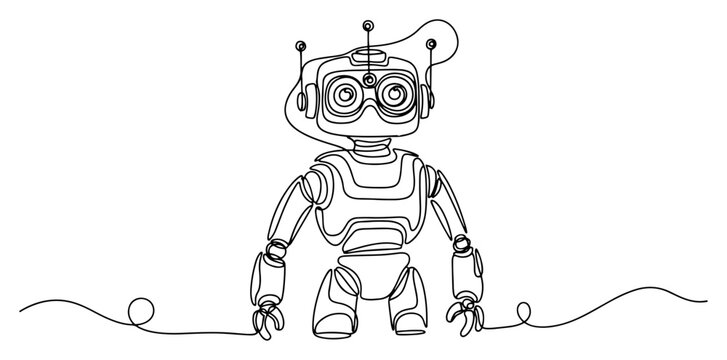 Cute robot character continuous line drawing, minimalist android technology vector illustration, one line art of friendly cyborg for AI and tech logo