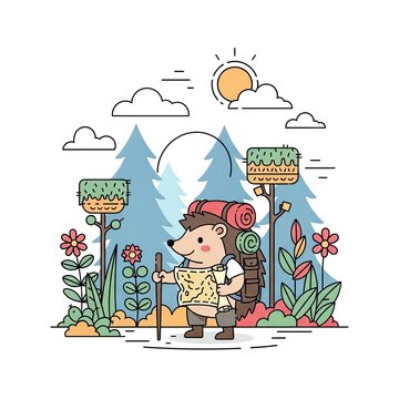 Cute Hedgehog Hiker with Backpack and Map in Forest.