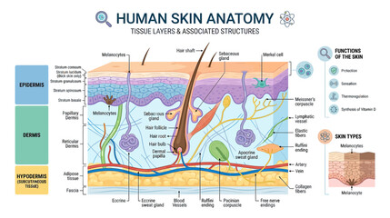 Obraz premium Human Skin Anatomy Diagram: Epidermis, Dermis, Hypodermis Layers & Structures