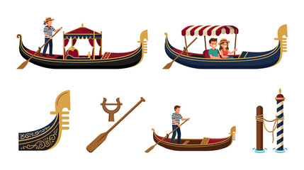 Venice Gondola Set: Gondoliers, Tourists, Boat Details, Oar, Mooring Post © tonggo