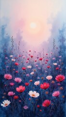 Fototapeta premium Watercolor painting of field with pink and white cosmos flowers blooming under soft sun glow. Blue and purple sky with clouds creates dreamy atmosphere. Bird flies in distance.