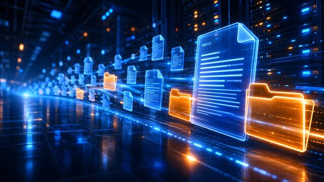 Dynamic visualization of digital files and folders rapidly transferring across a high-tech network or cloud server infrastructure.