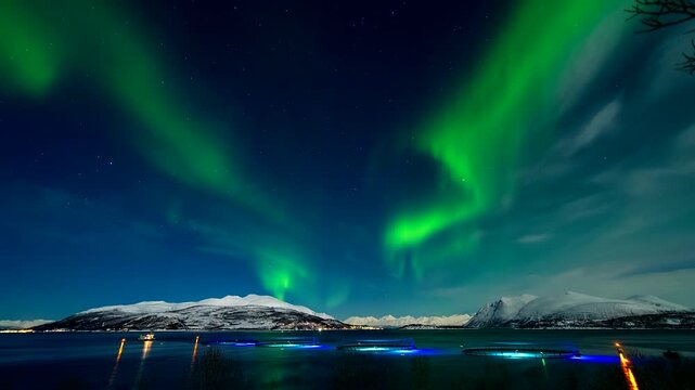 Time lapse of mystical aurora borealis over illuminated salmon farm marine pens