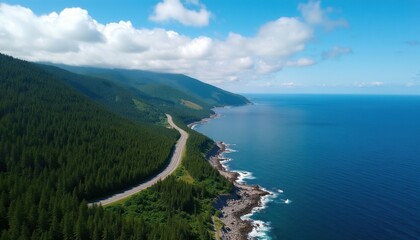 Obraz premium Aerial view of Cabot Trail along Cape Breton coast in Canada. Winding highway road runs through dense evergreen forest beside rocky shoreline, blue Atlantic Ocean water. Scenic landscape shows