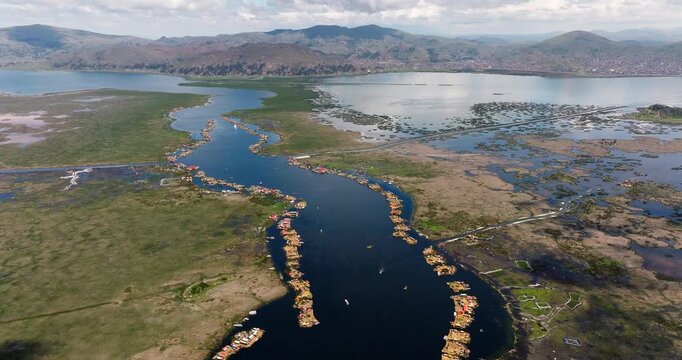 Self-fashioned Uros floating islands on Lake Titicaca in Peru. High aerial