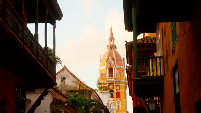 Bell Tower Of Catedral de Santa Catalina de Alejandr&iacute;a At Cartagena de Indias In Colombia, South America. Low Angle Shot